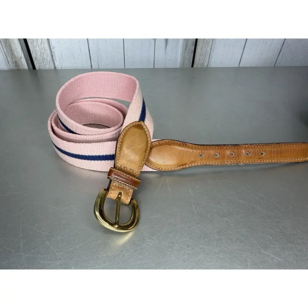 VTG Trafalgar Woven Belt Leather Accents Size 38 Made In USA Pink Blue